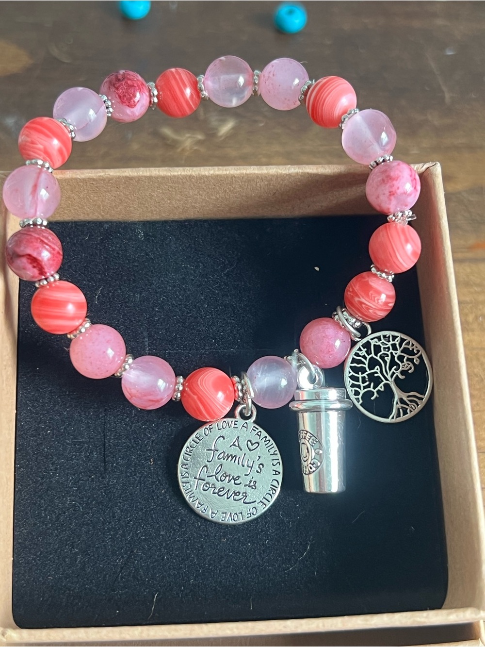 Pink Beaded Family Charm Bracelet with Tree of Life and coffe cup charm